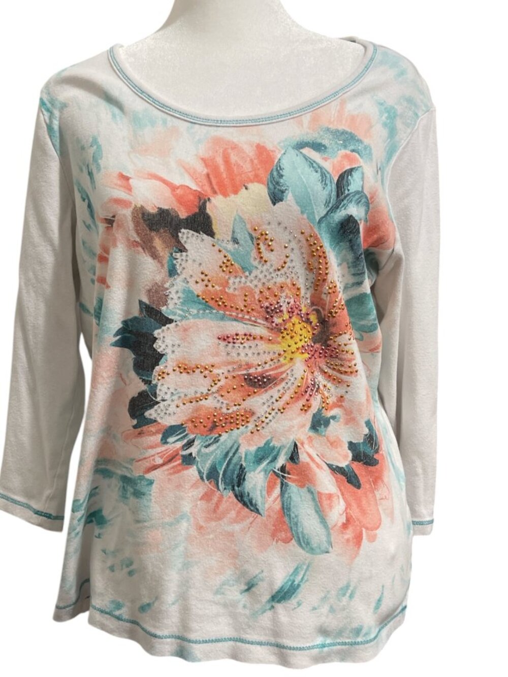 Christopher & Banks Rhinestone Embellished White & Teal Floral 3/4 Sleeve Top